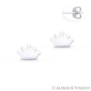 Monarch Crown Royalty Charm Flat Stud Earrings in .925 Sterling Silver